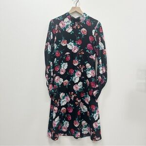 Lulu's Garden Gal Black Floral Mock Neck Long Sleeve Midi Dress - Large